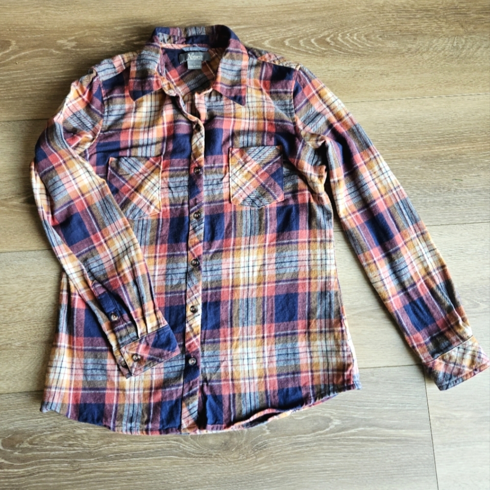 Natural Reflections Orange Blue Plaid Flannel Button Up Shirt | Medium